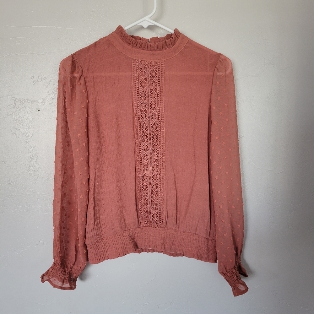 E & M Women's Large Orange Long Sleeve Blouse Mock Neck Swiss Dot Lace Statement